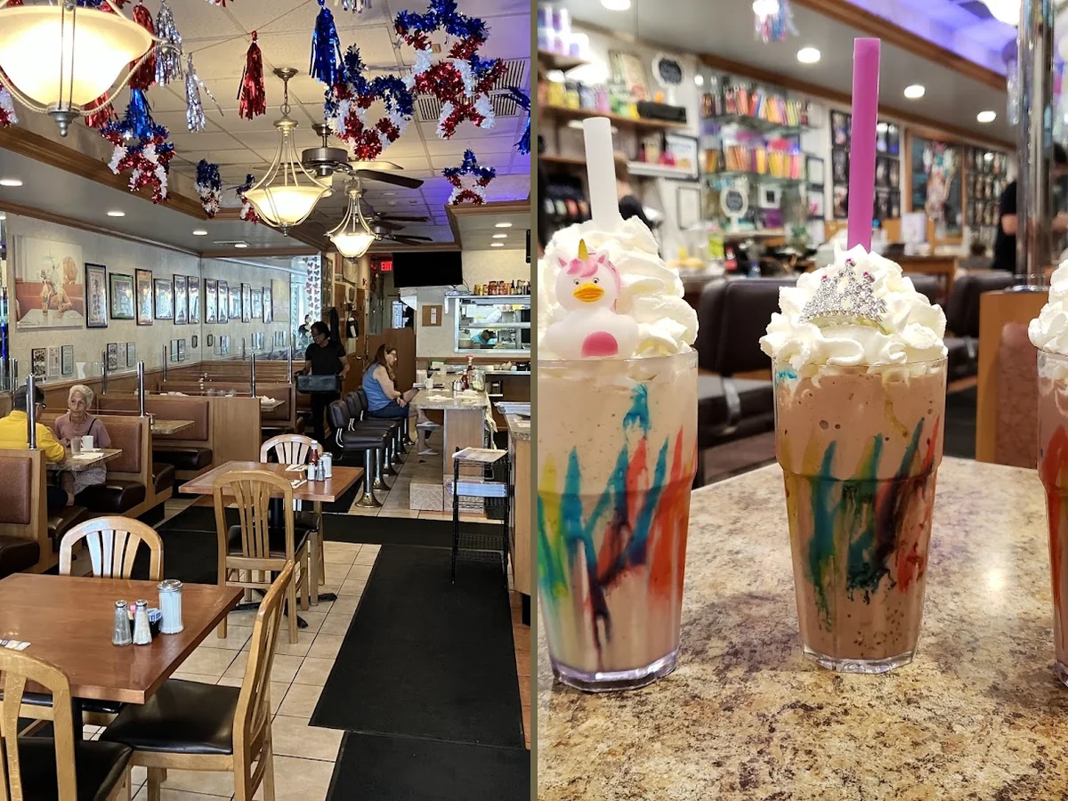 Milkshakes beside classic diner seating.