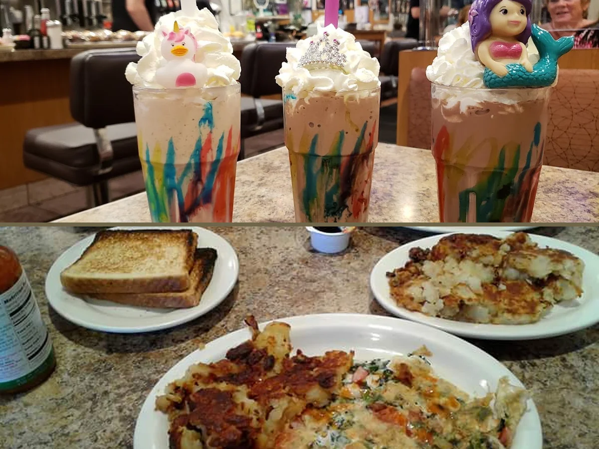 Milkshakes beside classic diner seating.