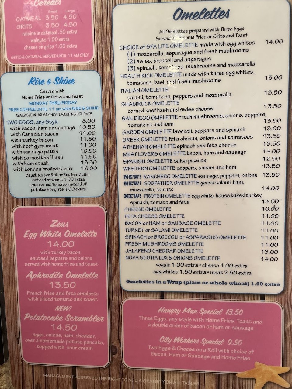 Breakfast menu with omelettes and pancakes.